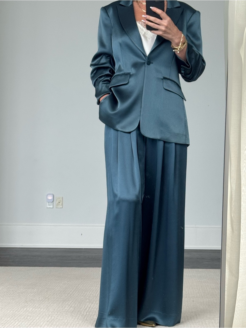 cinq a sept Satin Teal Blazer with Matching Trousers